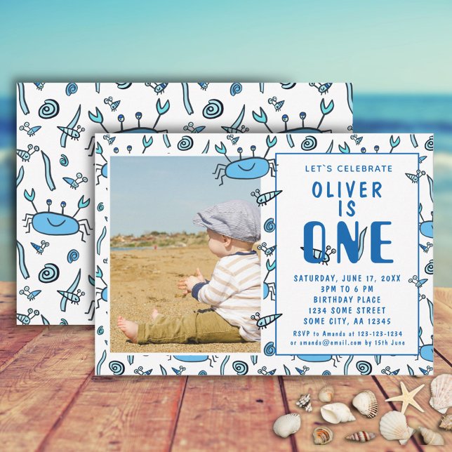 Cute Crab Sea Animals Shell Boy Photo 1st Birthday Invitation (Creator Uploaded)