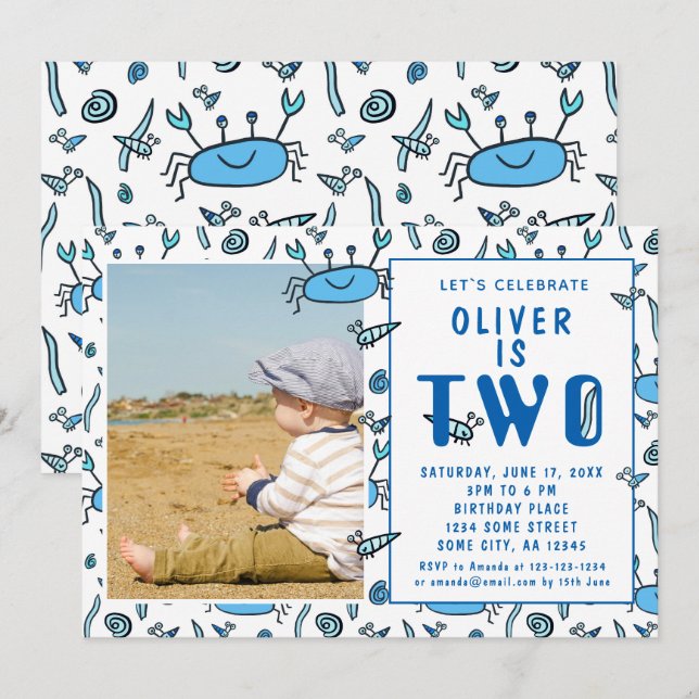 Cute Crab Sea Animals Shell Boy Photo 2nd Birthday Invitation (Front/Back)