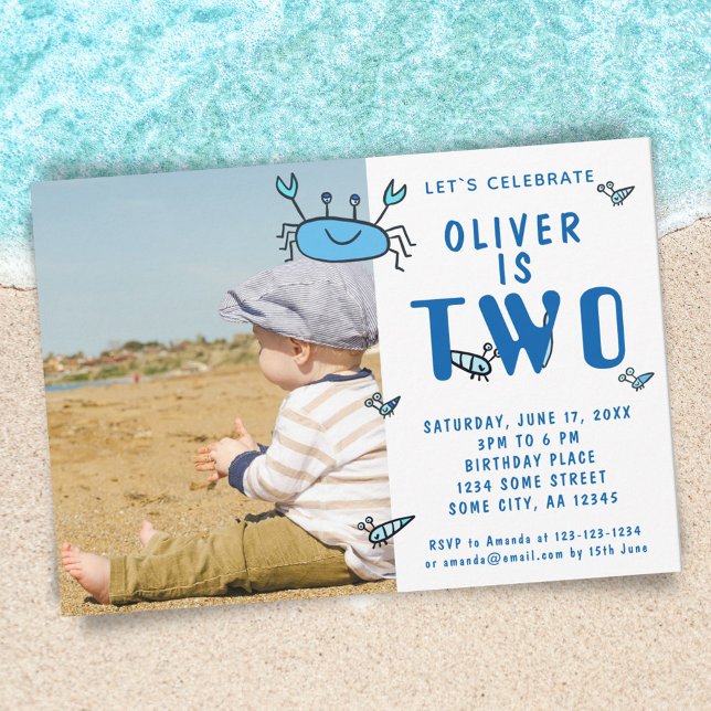 Cute Crab Sea Animals Shell Boy Photo 2nd Birthday Invitation (Creator Uploaded)