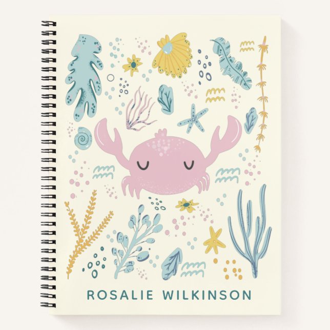 Cute Crab Underwater Shells Pastel Custom Name Notebook (Front)