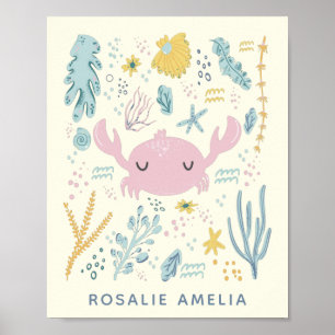 Cute Crab Underwater Shells Pastel Custom Name Poster