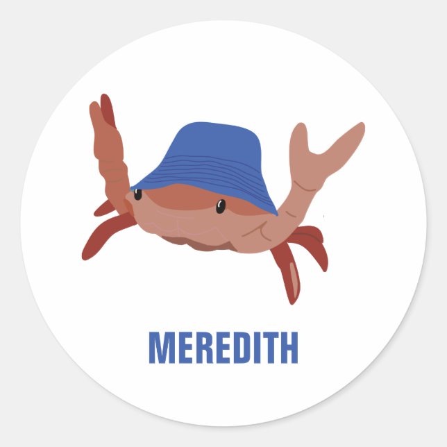 Cute Crab Wearing a Beach Hat Personalized Classic Round Sticker (Front)