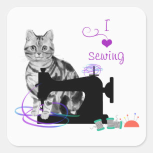 Cute Crafting Cat with Sewing Machine and Ribbon Square Sticker