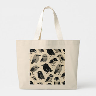 Cute Crafty Crows Print Design Large Tote Bag