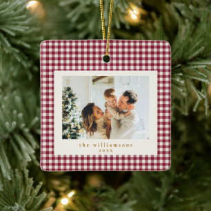 Cute Cranberry Red Gingham Custom Photo Christmas Ceramic Ornament