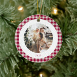 Cute Cranberry Red Plaid Custom Photo Christmas Ceramic Ornament<br><div class="desc">Cute Cranberry Red Gingham Plaid Custom Photo Christmas Holiday Ceramic Ornament</div>