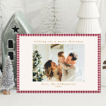 Cute Cranberry Red Plaid Two Photo Christmas Holiday Card<br><div class="desc">Send festive cheer with our Cute Cranberry Red Gingham Plaid Custom Two Photo Christmas Holiday Card! Featuring a classic plaid pattern and space for two of your favourite photos, this card adds a cozy, personalized touch to your holiday greetings. Perfect for sharing your holiday spirit and memories with friends and...</div>