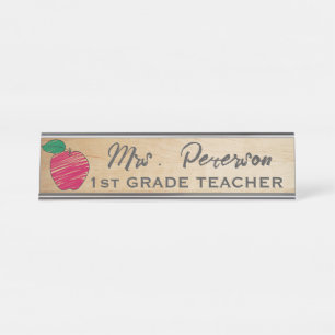 Cute Crayon Apple Personalized Wooden Teacher  Desk Name Plate