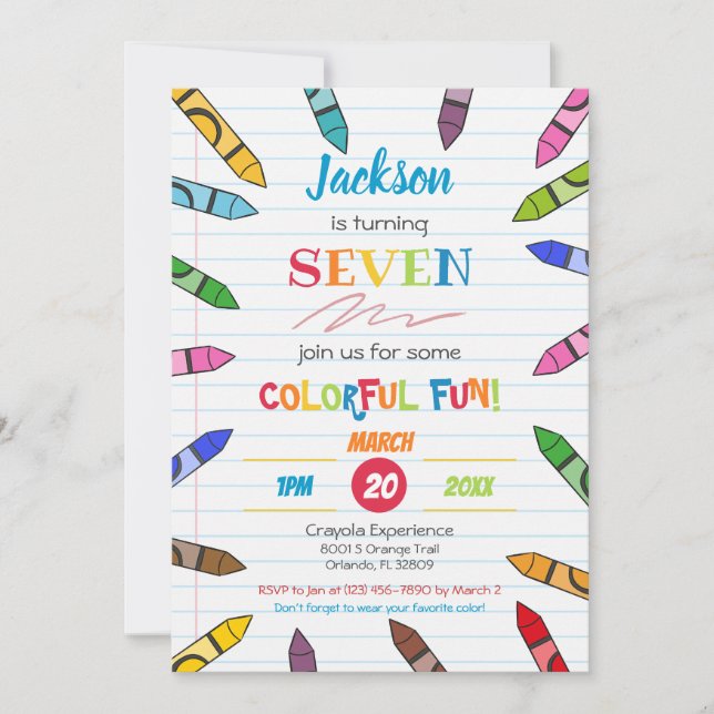 Cute Crayon Art Paper Colourful Party 7th Birthday Invitation (Front)