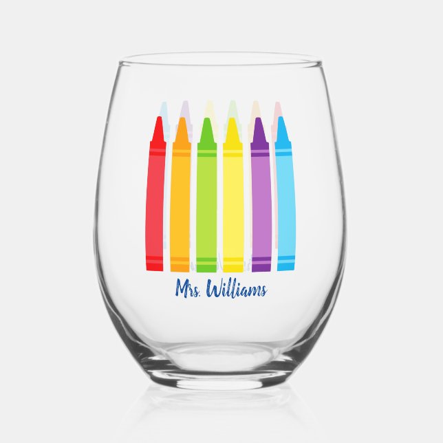 Cute Crayon Elementary School Teacher Personalized Stemless Wine Glass (Front)