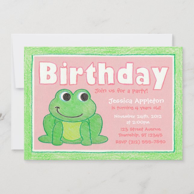 Cute Crayon Frog Petite fille Invitation anniversa (Devant)