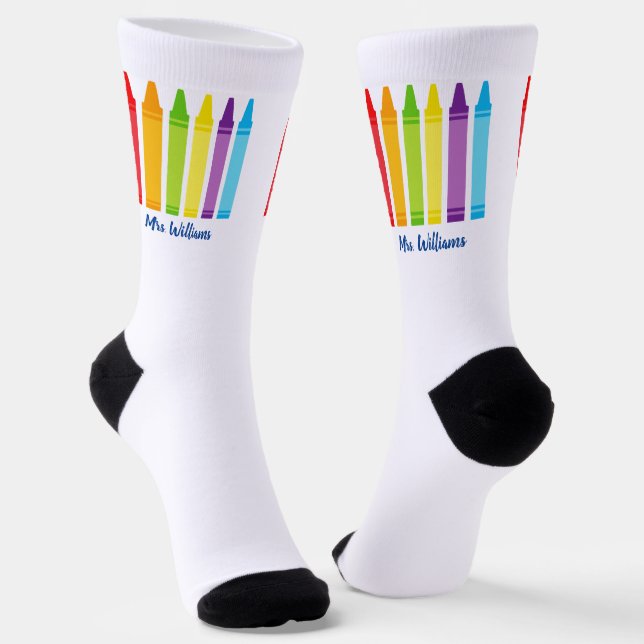 Cute Crayon Personalized Kindergarten Teacher Socks (Angled)