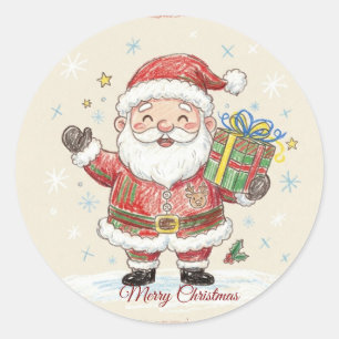 Cute Crayon Santa Claus Kids Drawing Christmas  Classic Round Sticker