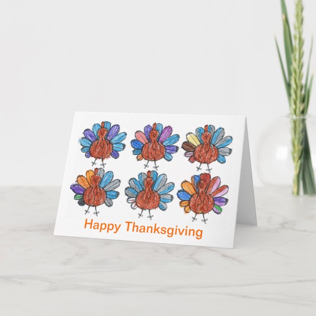 Cute Crayon Turkeys Kids Art Thanksgiving Card (Front)