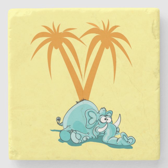 Cute Crazy Blue Elephant Laying Under Palm Trees Stone Coaster (Front)