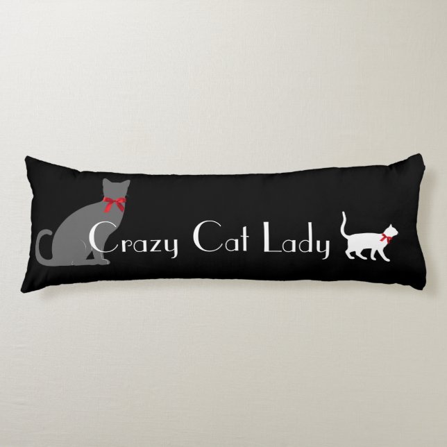 Cute Crazy Cat Lady, Grey White Cats on Black Body Pillow (Front)