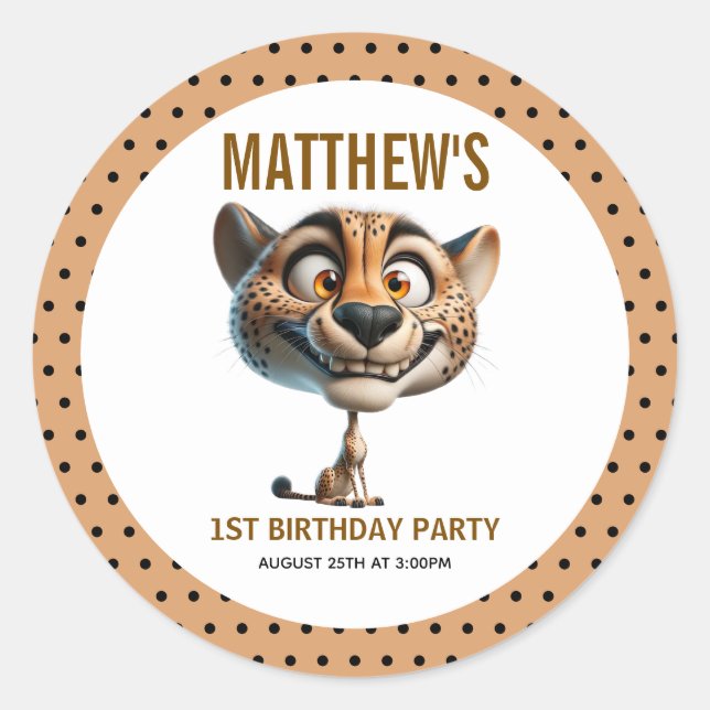 Cute Crazy Cheetah Farm Theme 1st Birthday Classic Round Sticker (Front)