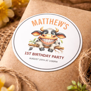 Cute Crazy Cow Farm Theme 1st Birthday Classic Round Sticker