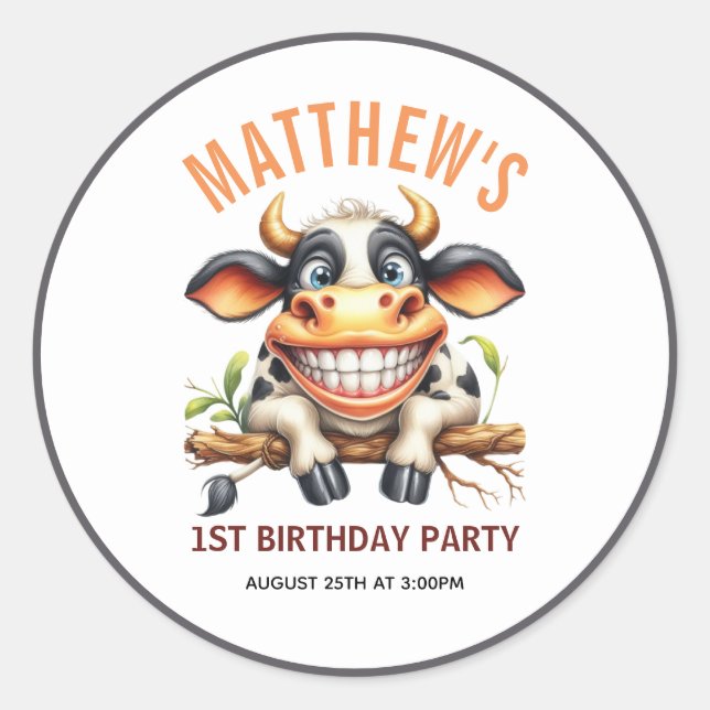 Cute Crazy Cow Farm Theme 1st Birthday Classic Round Sticker (Front)
