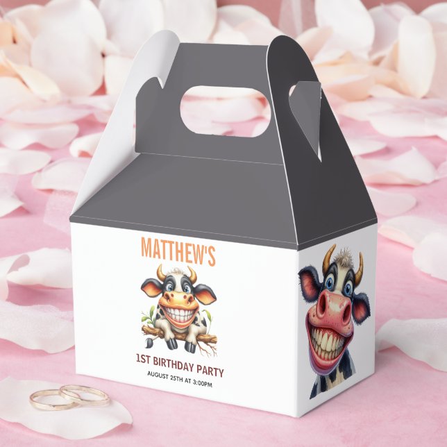 Cute Crazy Cow Farm Theme 1st Birthday Favor Box (Wedding)