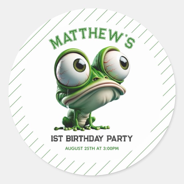 Cute Crazy Frog Farm Theme 1st Birthday Classic Round Sticker (Front)