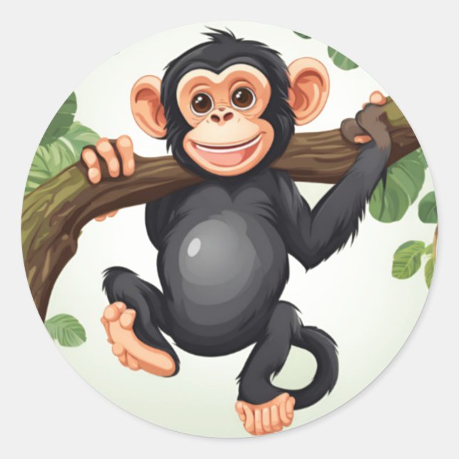 Cute Crazy Funny Chimpanzee Cartoon Classic Round Sticker (Front)