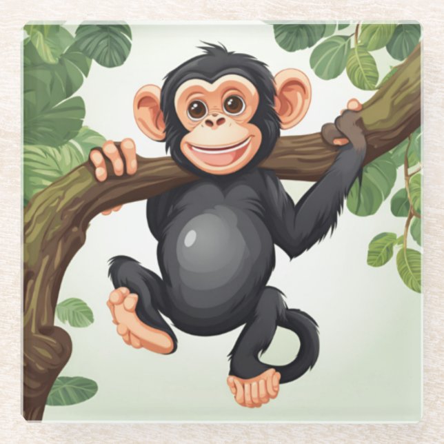 Cute Crazy Funny Chimpanzee Cartoon Glass Coaster (Front)