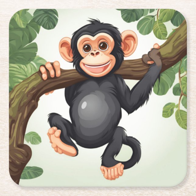 Cute Crazy Funny Chimpanzee Cartoon Square Paper Coaster (Front)