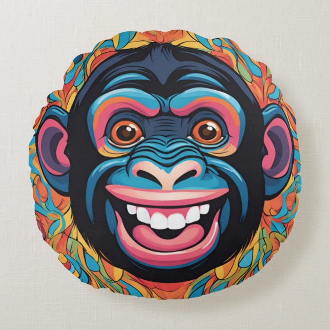 Cute Crazy Funny Chimpanzee  Round Pillow (Front)