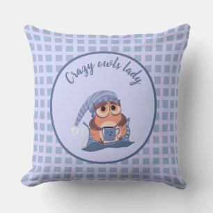 Cute Crazy Lady Blue Grey Baby Owl Cap Throw Pillow