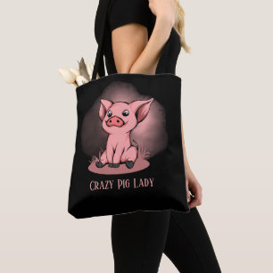 cute crazy pig lady add text tote bag