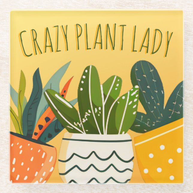 Cute Crazy Plant Lady Boho Potted Plants Glass Coaster (Front)