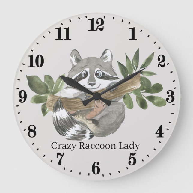 cute crazy raccoon lady add text large clock (Front)