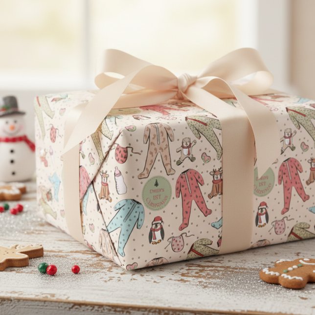 Cute Cream Baby's First Christmas Personalized Wrapping Paper (Cute 1st Christmas Kids Wrapping Paper. Baby Pj's & Winter Animals First Xmas Illustration Pattern)