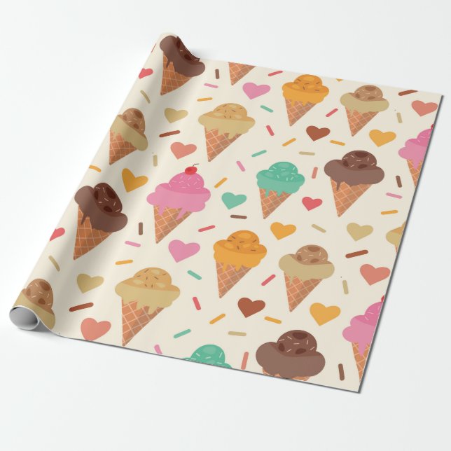 Cute  Cream Cone  With Hearts  Wrapping Paper (Unrolled)
