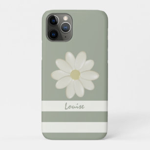 Cute Cream Daisy Flower Stripe Sage Green Name Case-Mate iPhone Case