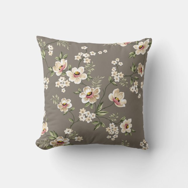 cute cream flowers with green leaves pattern on br throw pillow (Front)