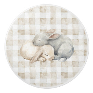 Cute Cream Grey Sleeping Bunnies Plaid Ceramic Knob