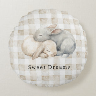 Cute Cream Grey Sleeping Bunnies Plaid Round Pillow