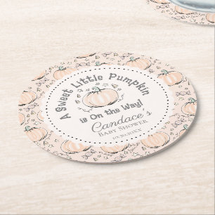 Cute Cream Little Pumpkin Fall Baby Shower Round Paper Coaster