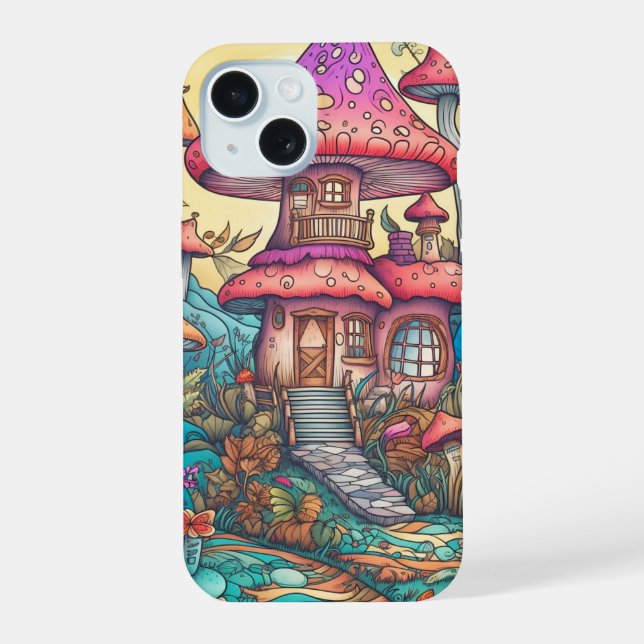Cute Creative Mushroom Hut Illustration iPhone 15 Case (Back)