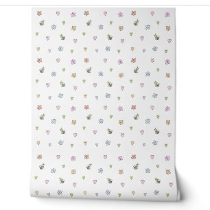Cute Creatures: Hearts, Flowers and Bees Nursery Wallpaper