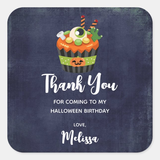 Cute & Creepy Halloween Cupcake Party Thank You Square Sticker (Front)