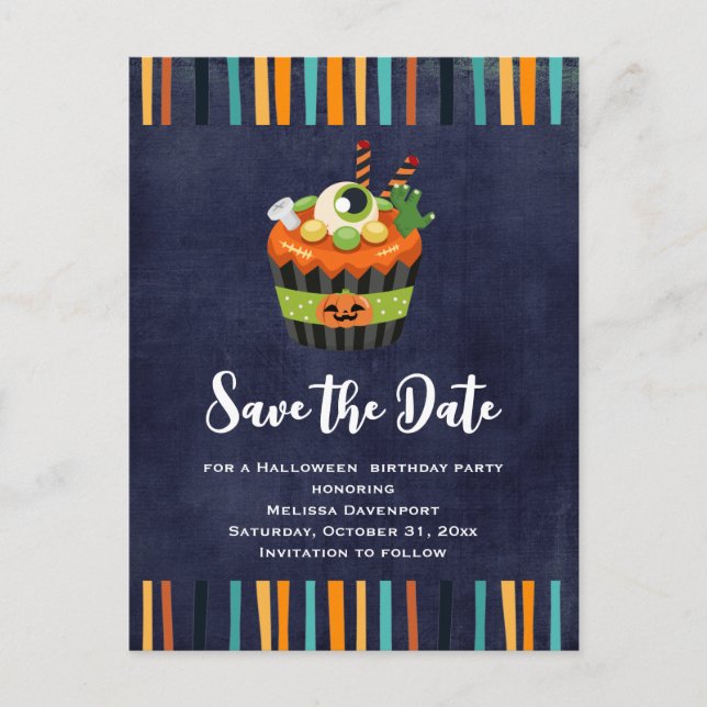 Cute & Creepy Halloween Cupcake Save the Date Invitation Postcard (Front)