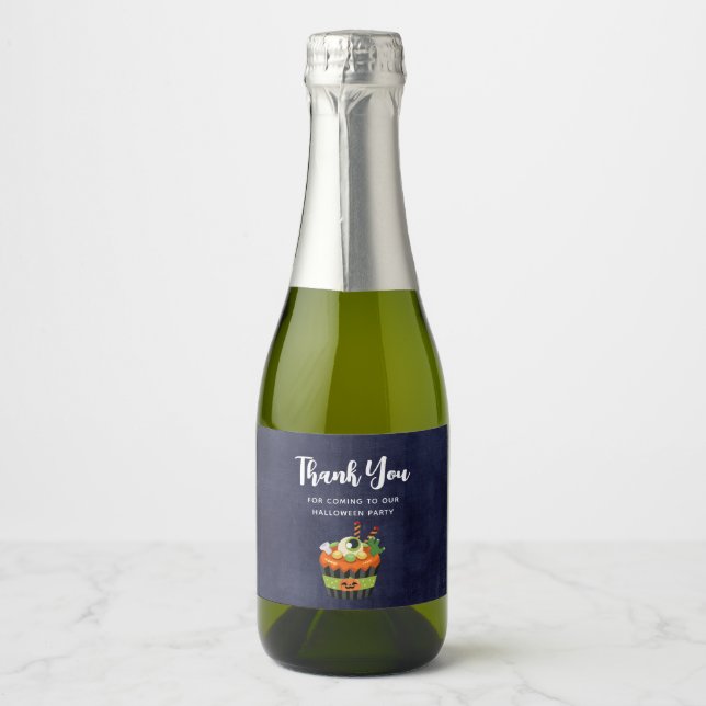 Cute & Creepy Halloween Cupcake Thank You Sparkling Wine Label (Front)