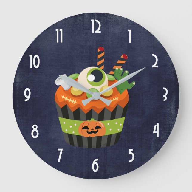 Cute & Creepy Halloween Cupcake with a Big Eyeball Large Clock (Front)