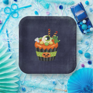 Cute & Creepy Halloween Cupcake with a Big Eyeball Paper Plate