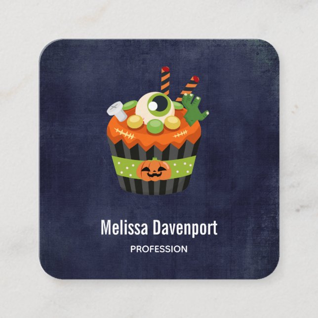 Cute & Creepy Halloween Cupcake with a Big Eyeball Square Business Card (Front)