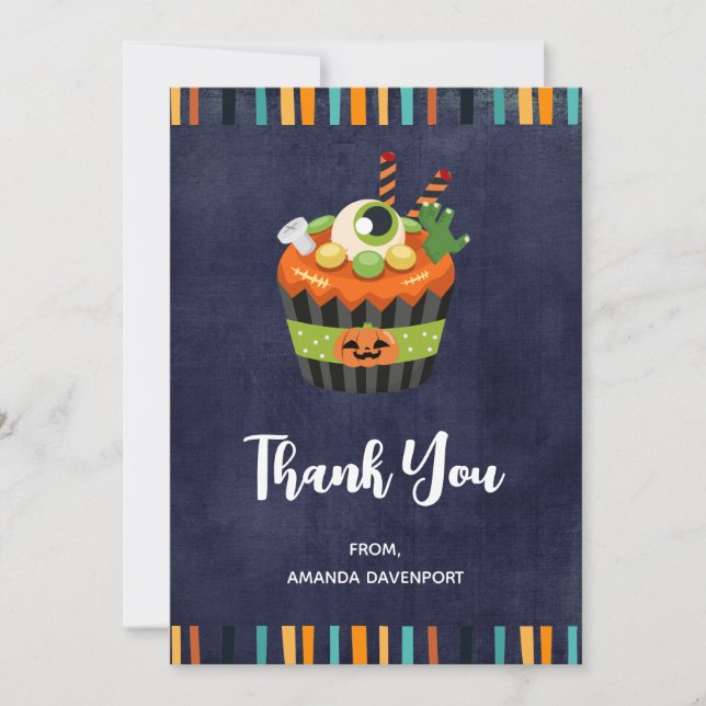 Cute & Creepy Halloween Cupcake with a Big Eyeball Thank You Card (Front)