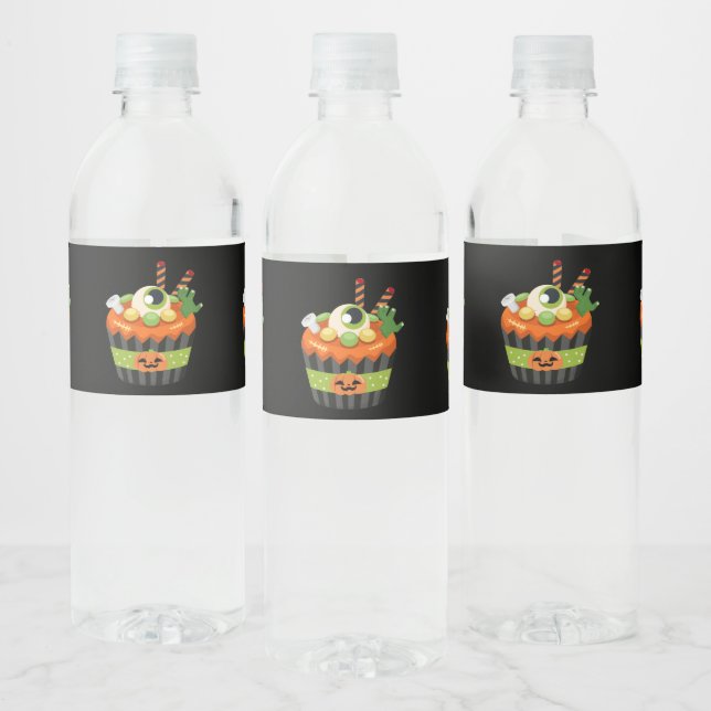 Cute & Creepy Halloween Cupcake with a Big Eyeball Water Bottle Label (Bottles)